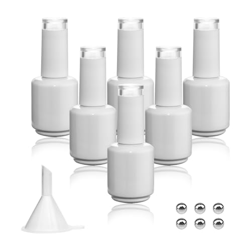 Empty Gel Nail Polish Bottles, 15ML Empty Nail Polish Bottles with Transparent Top,Opaque Round Refillable Fingernail Polish Bottles UV Safe with Mixing Balls & Funnels, Pack of 6 (WHITE)