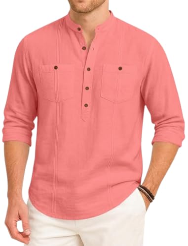 Image of ROYALSCOUT Men's Cotton Polyester Blend Kurta Style Shirt with Mandarin Collar, Half Button Placket, Dual Chest Pockets, Long Sleeve Casual Ethnic Fusion Wear for Office, Festive and Daily Use