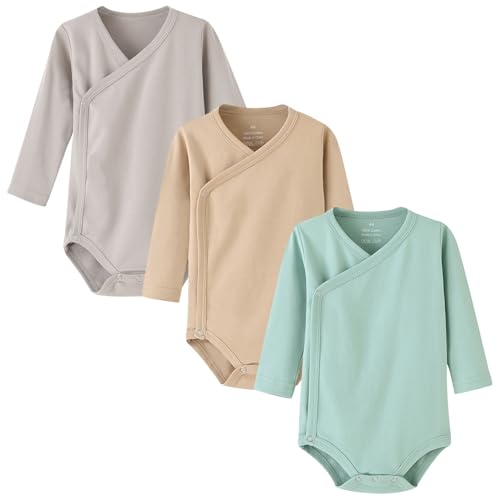 BINIDUCKLING Pack de 3 bodys de manga larga para bebé, niños y niñas, 100% algodón, con botones de presión laterales para recién nacidos - 12 meses, Verde, beige y gris, 6-9 meses