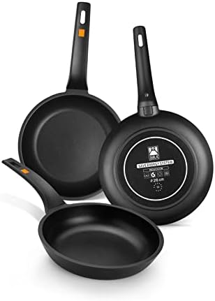 BRA Efficient Cast Aluminium Non-Stick Pans, Set of 3 20-24-28 cm Black [Amazon Exclusive]