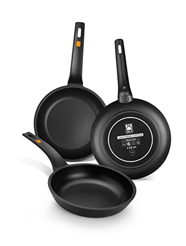 BRA Efficient zestaw 3 patelni, odlew aluminiowy z powłoką zapobiegającą przywieraniu, 20-24-28 cm, czarny [ekskluzywny w serwisie Amazon]