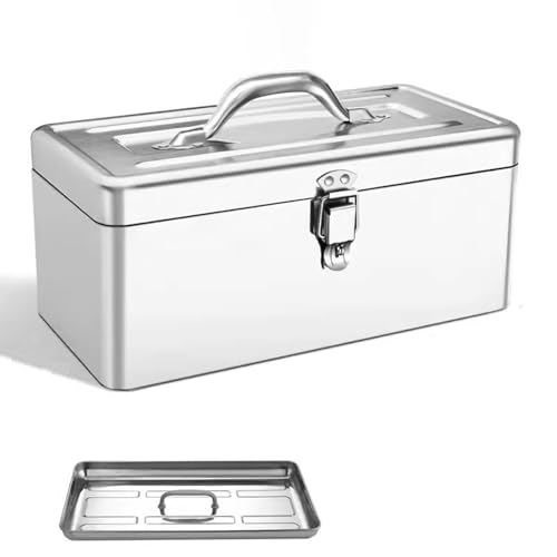Portable Stainless Steel Tool Box - Lockable Cantilever Design with Carrying Handle - Durable Metal Storage Solution for Tools (405x204x175mm)