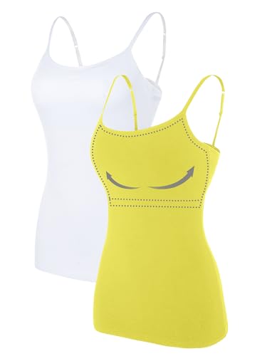 ATTRACO Tank with Built in Bra for Women White Cami Adjustable Spaghetti Strap Camisole Yellow S