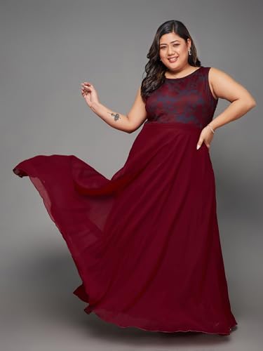 Image of Miss Chase A+ Women's Round Neck Sleeveless Georgette Floral Lace Fit & Flare Maxi Dress