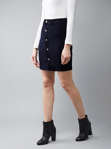 Image of Dolce Crudo Women's Black Stretchable Solid A-line Mini Denim Skirt