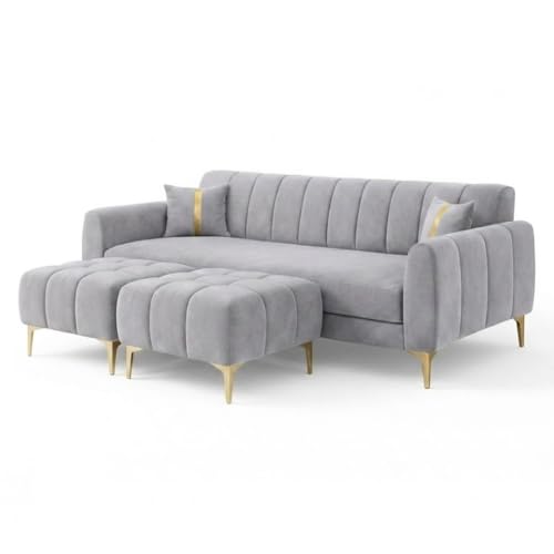 Image of Hermione 5 Seater L Shape Sofa Set with 2 Movable Ottoman | Flexible Left or Right Layout | Luxe Velvet Suede Fabric | Comfortable Seating | Modern Sofa for Living Room - Light Gray