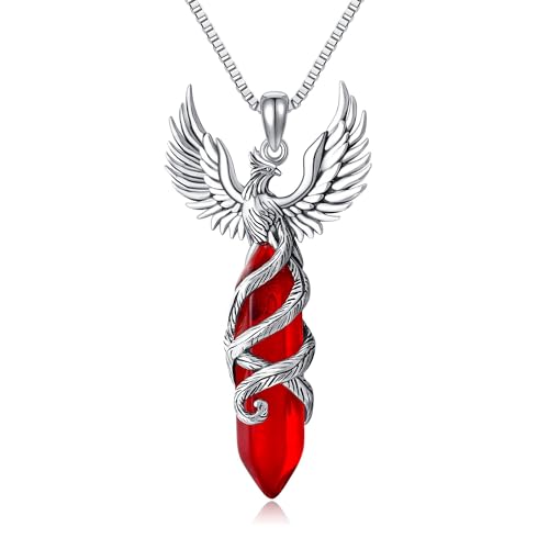 HUKKUN Phoenix Rising Collar para Mujeres Plata de Ley Rojo Cristal Curación Phoenix Pájaro Colgante Collar Rising Phoenix Joyería Regalo para Mujeres, Plata esterlina