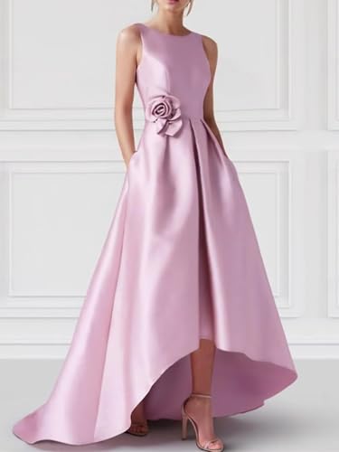 3D Flower Satin Mother of The Bride Dress High-Low Crew Neck A Line Wedding Guest Gowns with Pockets2