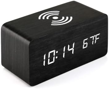 Wooden Digital Alarm Clock with Wireless Charging, LED Digital Cl...