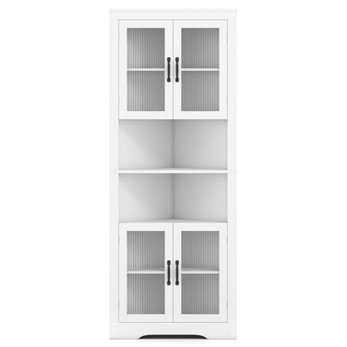 GIANTEX Armario Alto de Almacenamiento Esquinero con 4 Puertas de Cristal y 2 Compartimentos Abiertos, 2 Estantes Ajustables, 66 x 35 x 171 cm, Mueble para Salón, Baño, Cocina
