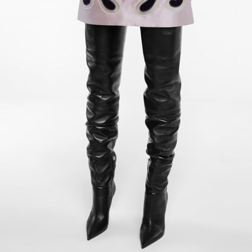 FOWT Women Stylish Stiletto High Heel Pointed Toe Stretchy Thigh High Boots Side Zipper Graceful Winter Fall Comfy Long Boots Size 4-16 US4