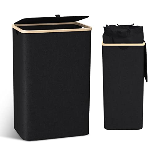 Laundry Basket with Lid XL 100L - Washing Baskets for Laundry with Removable Bag - Bamboo Laundry Hamper Basket - Dirty Clothes Laundry Bin (Black)