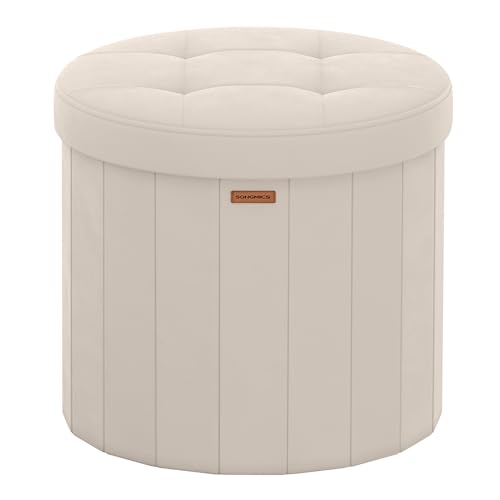 SONGMICS Mazie Colección - Banco Redondo, Taburete Reposapiés Plegable con Tapa Extraíble, Montaje Fácil, Puff de Terciopelo para Dormitorio, Sala de Estar, Entrada, Beige Capuchino LSF608L01