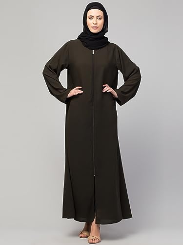 Image of Mallika Women Modest Wear Nida Matt Front Open Zipper Abaya Burkha for Everyday use (Olive, XL)