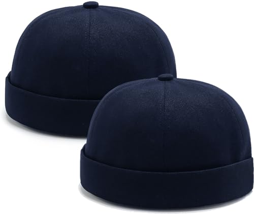 Image of 2 Pcs Mens Brimless Docker Cap Set - Retro Worker Sailor Skull Cap Beanie with Rolled Cuff