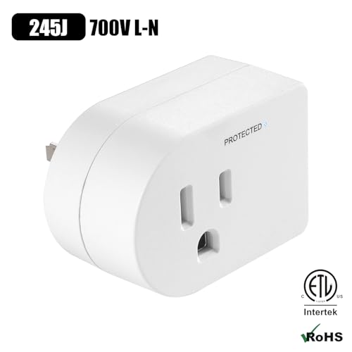 Single Surge Protector Plug with ON/Off Switch, FiiMan ETL Listed Grounded Outlet Wall Tap Adapter with Indicator Light, 1-Outlet, 245Joules/15A/1875W, White (2 Pack)