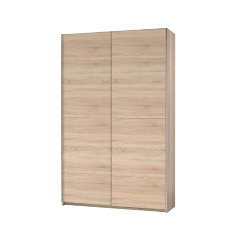 Stella Trading FAST Eleganter Kleiderschrank / Garderobenschrank mit viel Stauraum - Vielseitiger Schwebetürenschrank in Sonoma Eiche Optik - 125 x 195 x 38 cm (B/H/T)