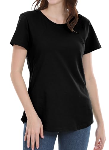 KEOYA Women’s Maternity Nursing T-Shirt Breastfeeding Hidden Zippers Postpartum Clothes Stylish Round Neck Loose Tops Tee for Moms-to-Be Black L