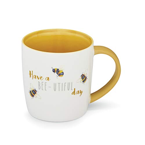 Cooksmart British Designed Barrel Coffee Mug | Ceramic Coffee Mugs for Home or Work | Large Mugs for Hot Drinks | Tea and Coffee Cups - Bee-utiful Day