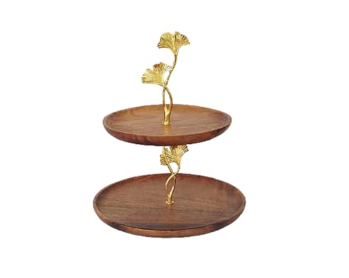 無垢材的二層トレイドライフルーツプレートフルーツケーキデザートテーブル多層 (クルミの二重層*イチョウの葉)