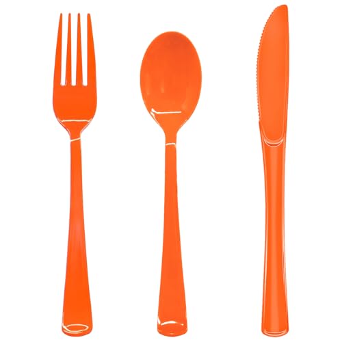 150 Pack Orange Plastic Silverware, Orange Plastic Cutlery Disposable Includes 50 Forks, 50 Spoons, 50 Knives for Birthday, Party, Holiday