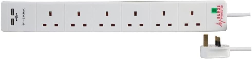 Surge Protected Extension Trailing Lead - Black/White Multi Plug USB Power Cable 1m 6 Gang 2 USB Surge, White