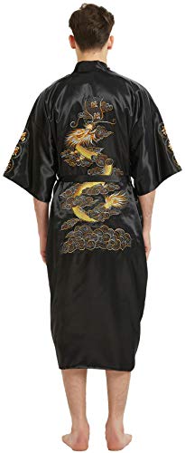 Mens Robe Chinese Silk Embroidered Dragon Pattern Kimono Bathrobe Yukata Pajamas with Waistband and Pockets