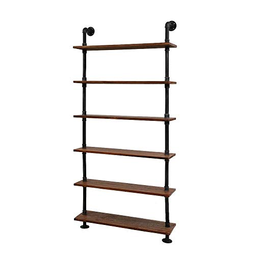 Diwhy Industrial Pipe Bookshelf, 6 Layer Rustic Modern Wood Ladder Shelf with Metal Frame, Home Decor, Display Shelving, Retro Floating Shelving, 35.4x9.8x79in, 10-20lbs, Pine