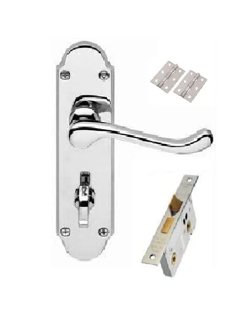 Golden Grace Epsom Design Victorian Scroll Bathroom Door Handles on Shaped Backplate in Polished Chrome with Bathroom Mortise Lock Set with 1 Pair of 3" Hinges - 170mm X 40mm