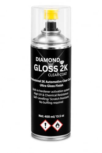 Diamond 2K High Gloss Clear Coat Aerosol Spray Can (400ml) with Button Activated Integrated Hardener Professional Automotive Acrylic Lacquer Paint UV & Petrol Resistant