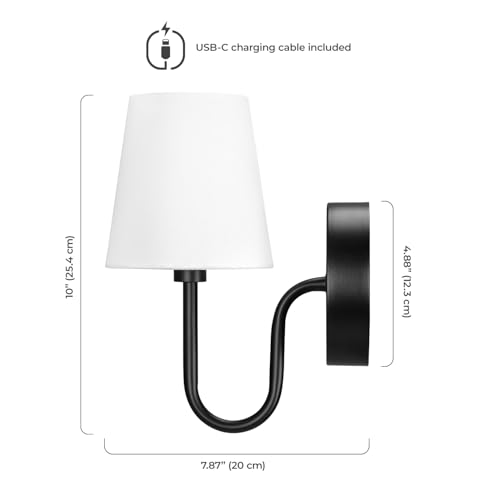 Image of Globe Electric 65000132 Rechargeable Battery Wall Sconce, Integrated LED, Matte Black Finish, White Fabric Shade, 3-Step Touch Dimming, Timer, USB-C Charging, Wireless Modern Lighting