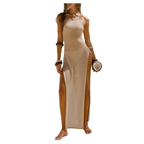 Dressnu Doppelseitiges, hoch geteiltes Neckholder-Strickkleid, Schönheitsrücken, Strandurlaub, beige, Medium