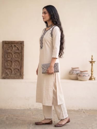 Image of Leriya Fashion Women's Cotton Kurta Pant Set | Cotton Kurta Sets for Woman | Round Neck 3 /4 Sleeve Regular Fit Straight Kurti | Office Wear Kurti Set for Women Casual