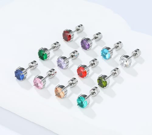 Titanium Flat Back Surgical Stainless Steel Stud Earrings for Women Men,Birthstone Stud Earrings Hypoallergenic Double Side 5A Cubic Zirconia Studs Jewelry 6mm3