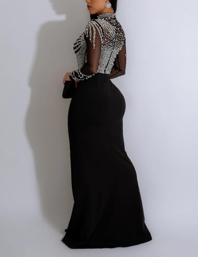 WOKANSE Women's Formal Dresses Mock Neck Sexy Mesh See Through Long Sleeve High Slit Sparkly Rhinestone Prom Dress4