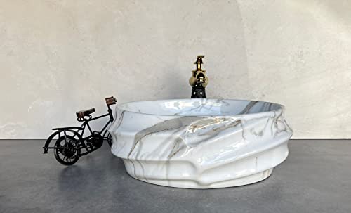 Image of Designer Glossy Finish Ceramic Art Table Top Wash Basin For Bathroom | Collapsible Countertop Washbasin (Black White Glossy Art, 16 x 13 x 6 Inch)