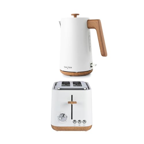 Salter Toronto Kettle & 2-Slice Toaster Set - 1.7L 3KW Rapid Boil Cordless Kettle with Boil Dry Protection 815W Wide Slot Toaster with 6 Browning Levels & Defrost/Reheat/Cancel Matte White