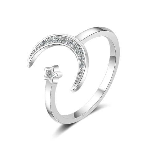 HinDaLi Bague Étoile et Lune Bague en Argent 925 pour Femme Fille Bague Réglable Argent Bague Femme Zirconium Bague Ouverte Cristal Bague Argent Anneau...