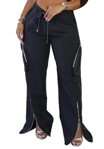 LAJIOJIO Womens Baggy Hiking Pants Casual Y2K Streetwear Zipper Split Loose Cargo Pant with Pockets
