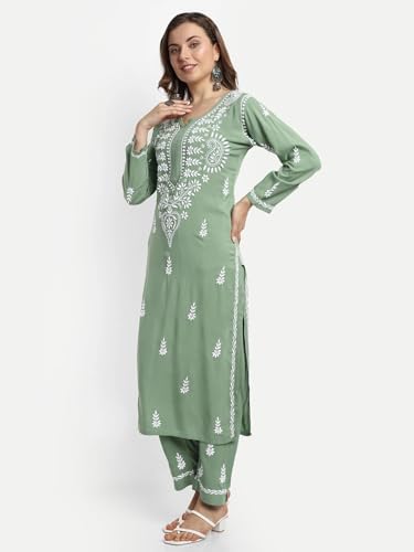 Image of BHARVITA Women's Cotton Blend Lucknowi Embroidered Chikankari Straight Kurta, with Pant Set