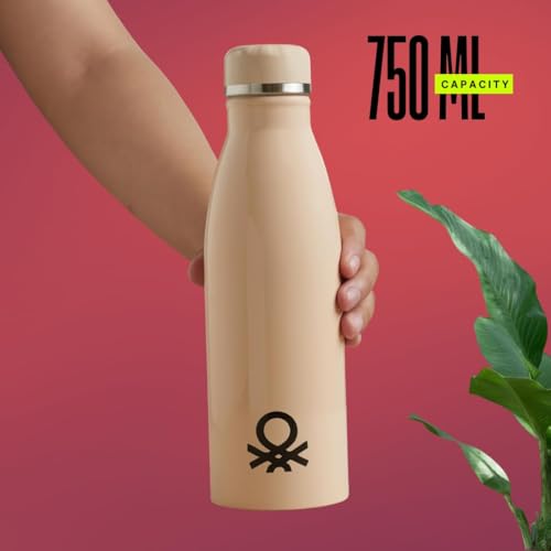 Image of United Colors of Benetton 750 ML Stainless Steel Water Bottle, Single Wall, Lightweight, Durable, Leak-Proof Cap, BPA-Free, Rust Resistant, Easy to Clean, Travel /Gym /Office /School Use (Blush)