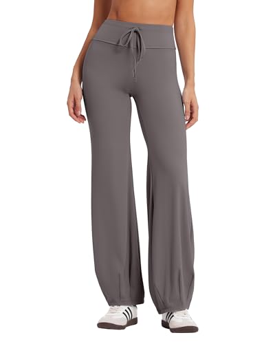 MOOSLOVER Women Wide Leg Yoga Pants Bubble Hem Fold Over Waist Drawstring Studio Pilates Workout Pants(M,Grey)