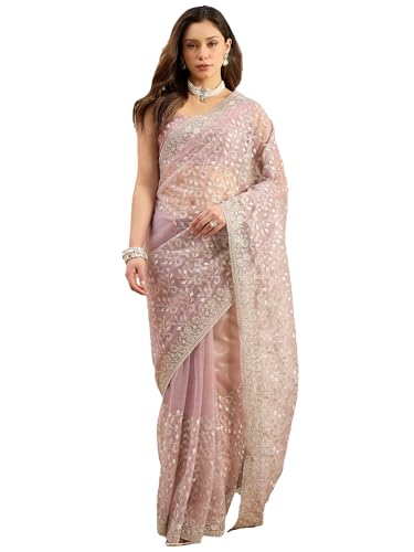 Image of AKHILAM Women's Net Embroidered Saree With Unstitched Blouse Piece