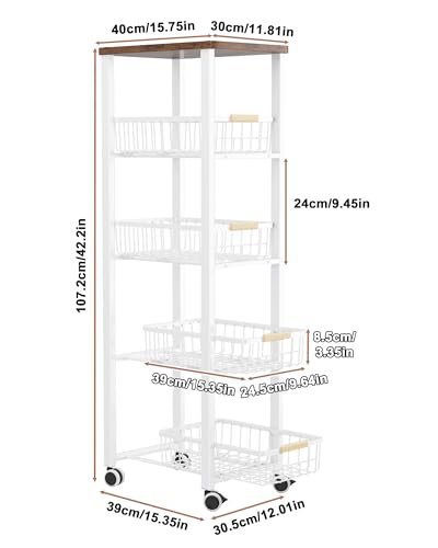 Ornestia Carrito Cocina con Ruedas, Carro de Almacenamiento de Placa Superior de Madera de 5 Niveles, Verdulero Cocina, Blanco - imagen 6