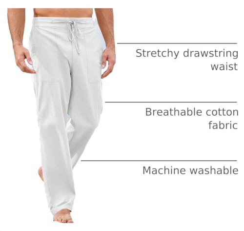 Image of PASLTER Mens Cotton Linen Pants Casual Summer Beach Pants Dress Trousers