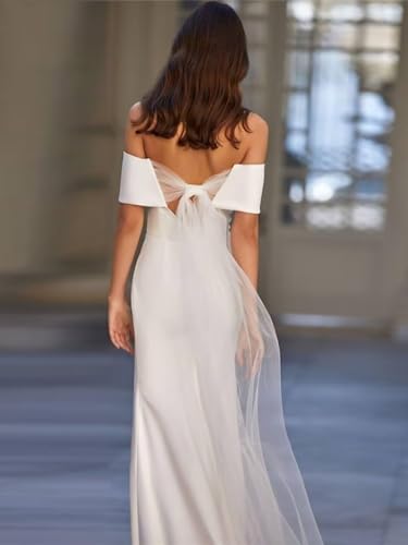SHANDUAO Beach Backless Wedding Dress for Bride Mermaid Satin Off The Shoulder Bridal Gowns for Wedding Sleeveless Bridal Dresses with Bow White Size 124
