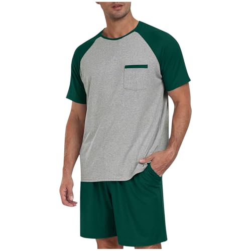 Mens Short Pajamas Sets Summer Pjs Sleepwear Soft Short Sleeve Pjs Sleep Set Plus Size Loungewear Nightwear Outfit CC2-Army Green XX-Large