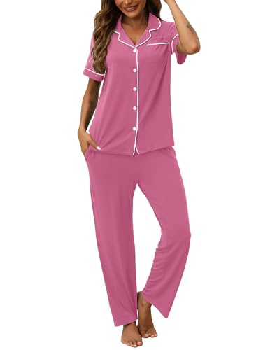 Image of HNG Women Pajamas Set 2 Piece Button Up Pajamas Pant and Short Sleeve Shirt for Woman Pj Sets with Pocket