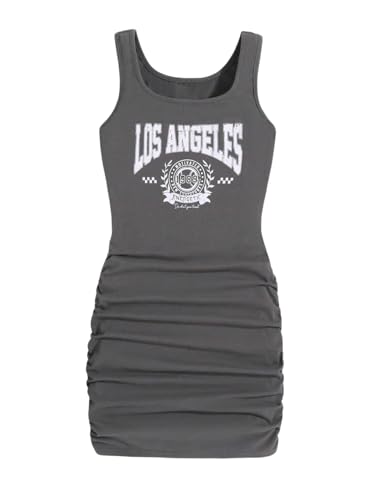 SHENHE Girl's Letter Graphic Ruched Bodycon Y2k Scoop Neck Sleeveless Casual Mini Tank Dress