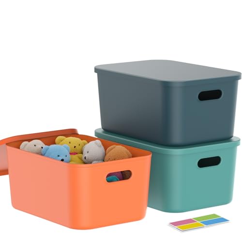 johgee 3er-Set Aufbewahrungsbox mit Deckel, PP Kunststoff, 3 x 15.7L (36.5 x26 x16.5 cm), Buntmix (1 Orange/1 Blau/1 Grün)